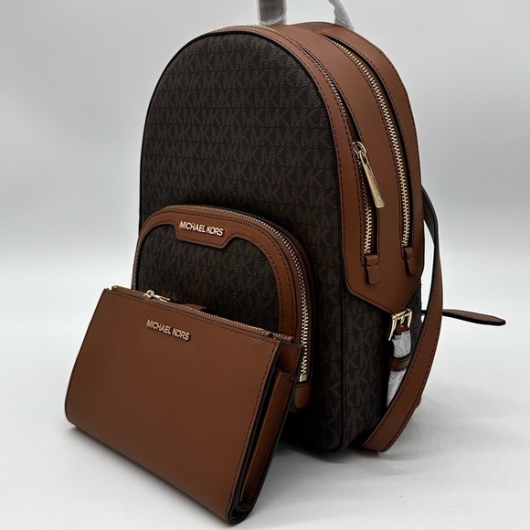 Michael Kors Medium Jaycee Zip Packet Backpack &Double Zip Wallet Wristlet Brown - Picture 1 of 15